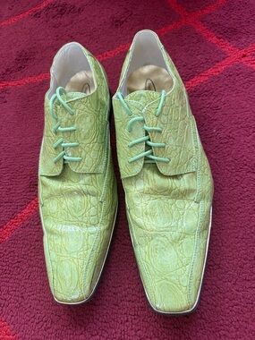 Mens Lime Green Croc-Texture Lace-Up Derby Shoes